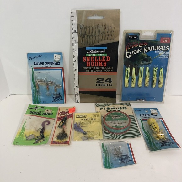 Vintage Fishing Lures Lot Of 9, Popper Bug, Hooks Line Spinners Gliding Naturals - Picture 1 of 8